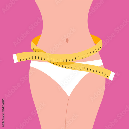 Losing weight, diet, fitness concept. Woman body and slim figure with measuring tape in flat design.