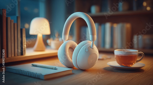 3d product rendering, white headphones on the desk with a tea cup and book nearby, a night light atmosphere, warm color tone, studio lighting