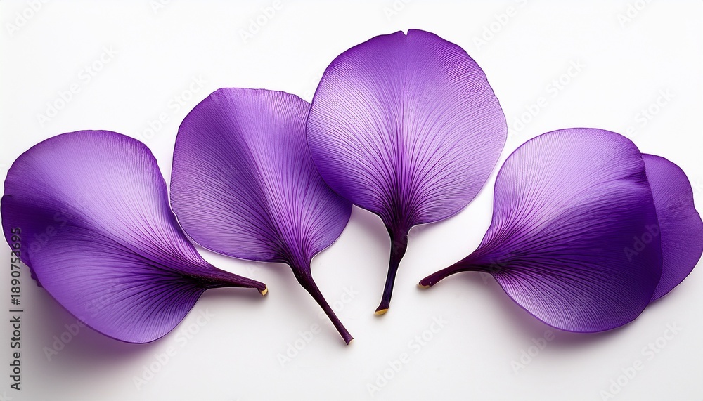 Fototapeta premium A Beautiful Composition Of Six Scattered Purple Flower Petals Elegantly Illustrated With Soft Gradients On A White Background