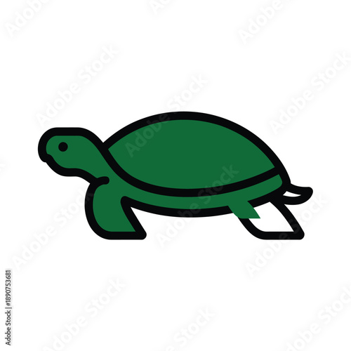 A cartoon green turtle with prosthetic legs on a white background