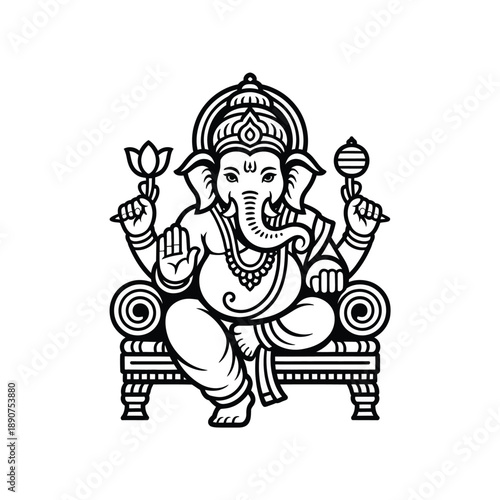 A black and white illustration of the Hindu deity Ganesha sitting on a throne.