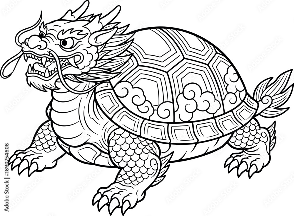 Fototapeta premium Mythical Bixi Dragon Turtle: Irezumi Style Black and White Line Art Illustration