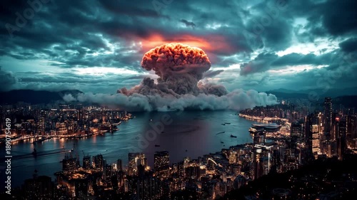 Wallpaper Mural Nuclear bomb explosion with mushroom cloud of fire and smoke over a city Torontodigital.ca