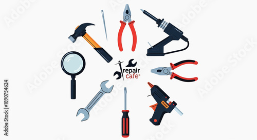 Comprehensive assortment of essential hand tools surrounding a central repair workshop logo, embodying the concept of practical fixing and collaborative skill-sharing for sustainable living