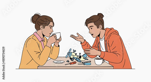 Engaged young adults having an animated discussion while working on a disassembled small robot, exploring technology and engineering concepts together in a creative collaboration