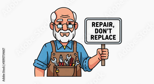Skilled handyman promoting sustainability with a sign that says 'Repair, Don't Replace'