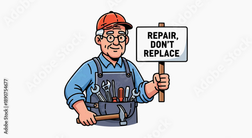 Experienced handyman promotes sustainable practices, holding a sign encouraging repair over replacement for a greener future and cost-saving solutions