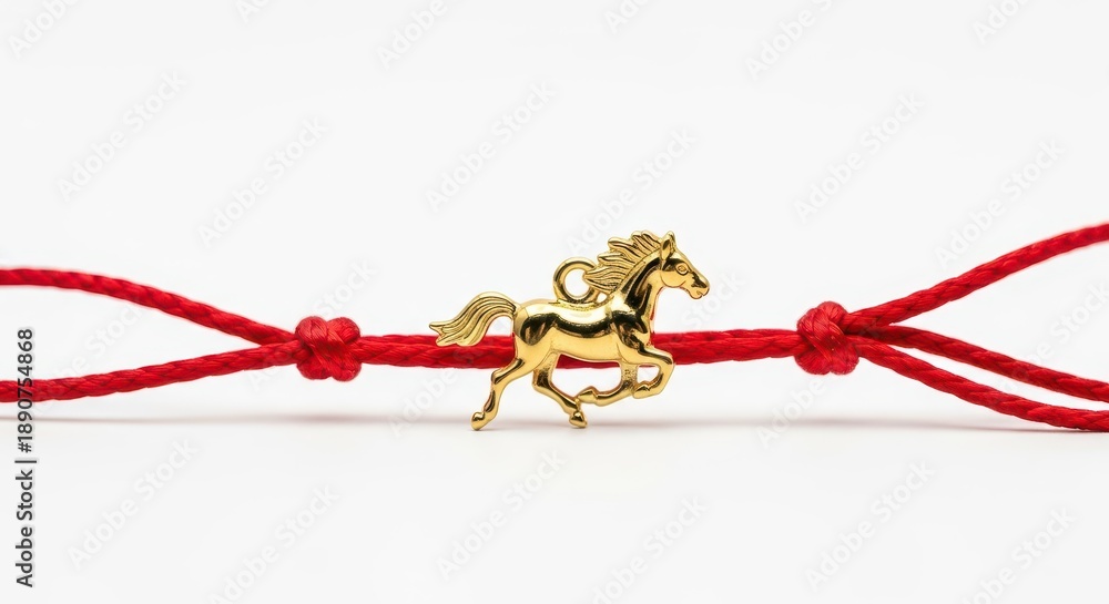 Fototapeta premium Golden equine charm adorns a bright crimson string secured by knots against a pure white background.