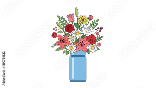 A vibrant illustrative floral arrangement showcasing diverse blooms in a pastel blue vase set against a pure white background for decorative charm.