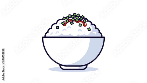 Clean vector image of white rice in a minimalist bowl, topped with fresh green garnish and savory red sauce, emphasizing a simple and healthy meal