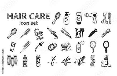 Hair Care Salon Styling Shampoo Beauty Treatment Hairstyle Vector Icon Set - Barber Professional Grooming