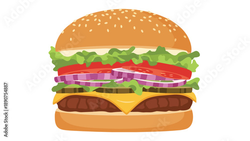A vibrant and detailed illustration of a classic gourmet burger featuring a sesame seed bun, fresh lettuce, juicy tomatoes, crisp red onions, tangy