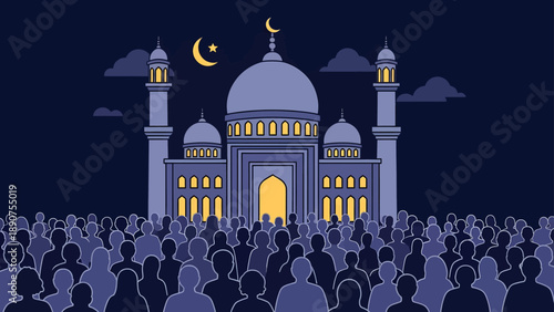 Mosque with Crescent Moon and Worshipers.