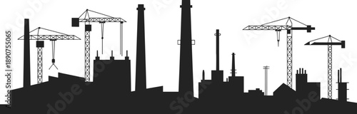 Industrial construction skyline silhouette with tower cranes, factories, buildings, and infrastructure, representing urban development, engineering industry, and large scale construction projects