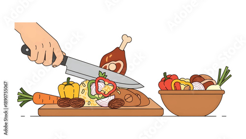 Hand Cutting Chicken with Knife on Board.