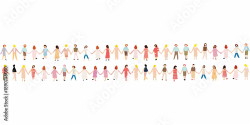 A diverse group of people holding hands in a united and colorful line