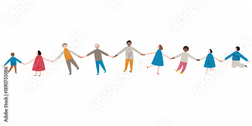 A diverse group of people holding hands in a connected line