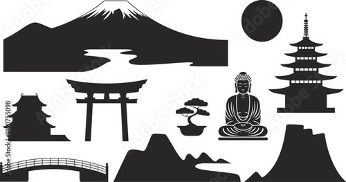 Japanese culture silhouettes, Mount Fuji, pagoda, temple, Torii gate, bonsai tree, Buddha statue, bridge, heritage, architecture illustration