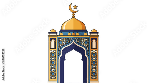 Islamic Mosque Entrance with Crescent Moon.