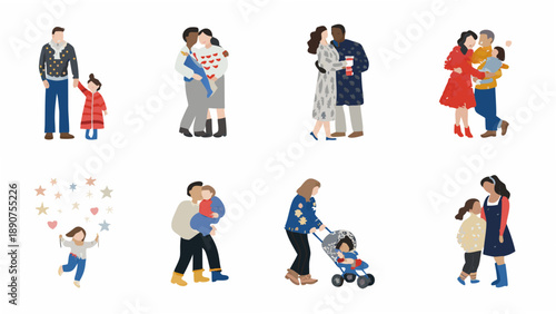 Diverse couples and families depicted in a minimalist colorful illustration style