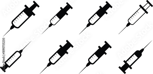 Medical syringe silhouette set, injection needle icons, healthcare vaccination equipment collection, black symbols isolated on white background