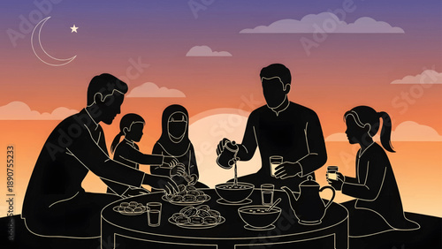 Family Dinner Gathering Silhouette Illustration.