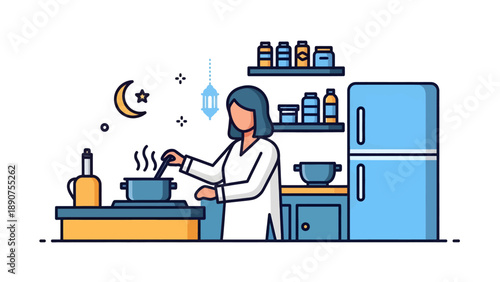Woman Cooking in Kitchen at Night.