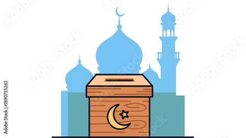Wooden Charity Box with Crescent Moon Symbol.