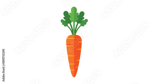 A vibrant, fresh, and healthy orange carrot stands upright with lush green leafy tops, presented in a crisp, clean flat design style perfect for