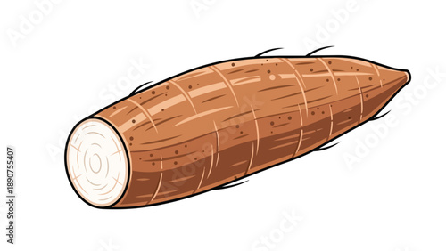 Vibrant cartoon illustration of a freshly cut cassava root highlighting its texture and edible starchy interior