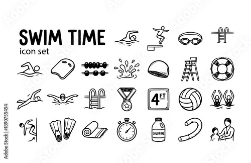 Swimming Pool Swim Dive Water Sport Stroke Lifeguard Training Vector Icon Set - Swimmer Aquatic Freestyle