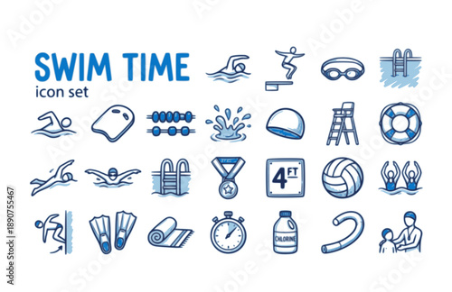 Swimming Pool Swim Dive Water Sport Stroke Lifeguard Training Vector Icon Set - Swimmer Aquatic Freestyle