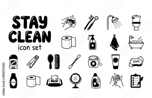 Hygiene Clean Personal Care Washing Health Bathroom Sanitation Vector Icon Set - Cleanliness Routine Fresh