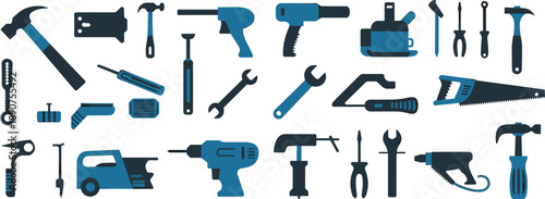 Modern hand and power tools icon set, flat vector illustration, repair workshop equipment collection, construction mechanic tools, isolated white background
