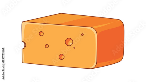 Vibrant cartoon cheese block with characteristic holes and a playful bite mark illustration on a clean white background