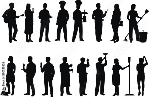 Occupations silhouettes, firefighter, chef, painter, waiter, janitorr