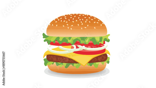 A vibrant vector illustration of a perfectly constructed classic cheeseburger featuring a sesame bun, fresh lettuce, tomato, onion, melting cheese,