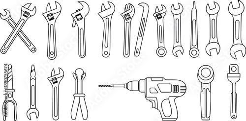 Outline wrench and spanner hand tools set with drill line icon illustration for mechanic repair workshop maintenance equipment