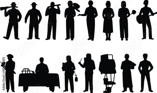Occupations silhouettes, hunter, laborer, musician, mechanic, cleaner, chef, diverse professions, workforce illustration, industrial roles, manual work, professional tools, teamwork representation