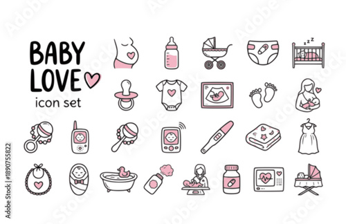 Pregnancy Baby Care Newborn Infant Mother Maternity Parenting Vector Icon Set - Child Nursery Love