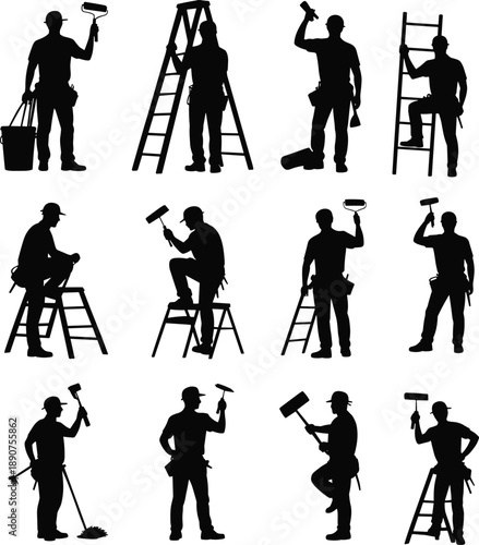 Painting workers silhouettes, maintenance staff, ladders, paint rollers, buckets, tool belts, manual labor, construction site, occupational illustration