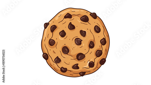 Vibrant cartoon illustration of a freshly baked golden-brown chocolate chip cookie generously dotted with abundant rich dark chocolate morsels a