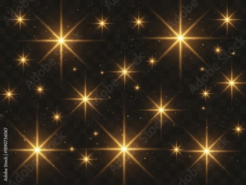 Golden starburst lights on a black background with white space