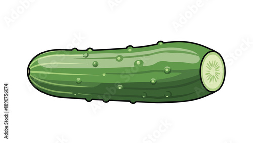 Vibrant green cucumber illustration featuring a freshly sliced end revealing crisp internal texture, ideal for depicting healthy produce and natural