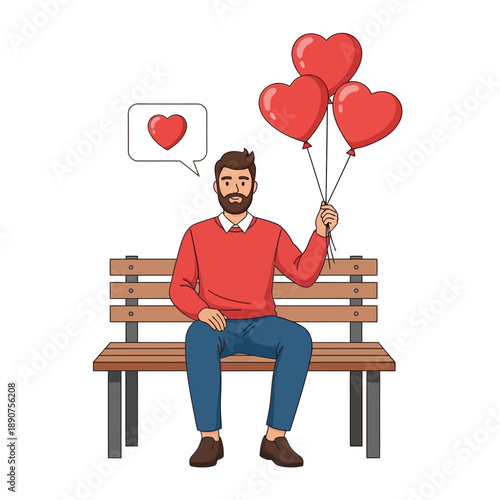 Man sitting on a bench with heart balloons and a speech bubble