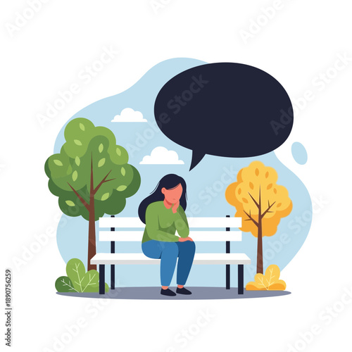 Woman sitting on a park bench with a speech bubble thinking alone