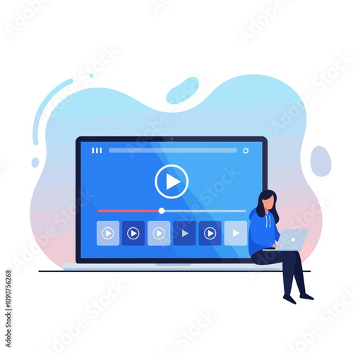 Woman sitting with laptop on large computer screen with play button on blue background