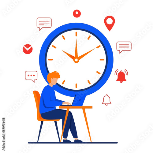 Vector illustration of a man sitting at a desk with a large clock and notification icons surrounding him