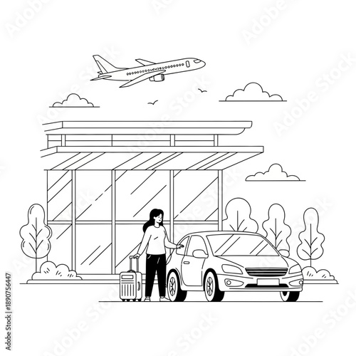 A woman with a suitcase standing next to a car and an airplane flying overhead