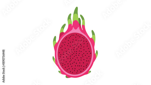 Captivating pitaya fruit cross-section, showcasing its vibrant magenta interior adorned with countless tiny black seeds, a perfect symbol of exotic